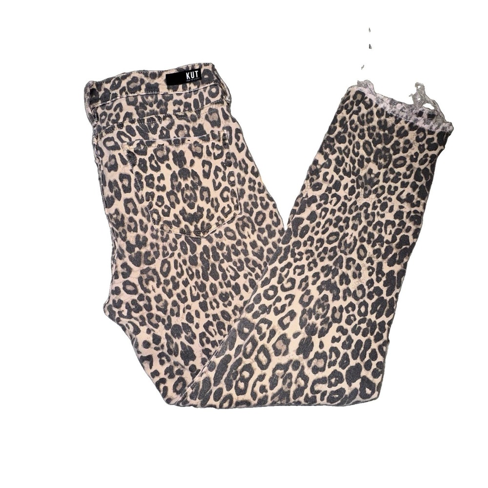 KUT Donna Ankle Skinny Leopard Animal Print Jeans Raw Hem 31x27 Sz 6 Mid Rise